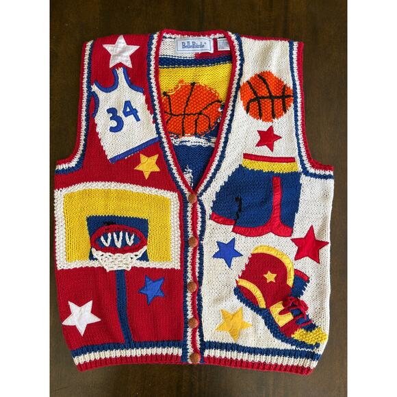 VTG Sweater Vest Mens S Belle Pointe Knit Basketball Theme School Teacher 90's - Picture 1 of 10